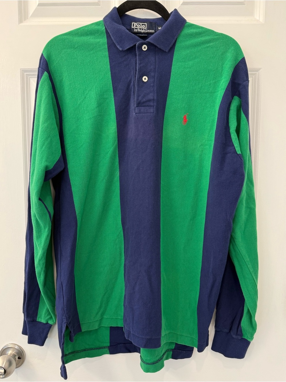 Vintage Polo Ralph Lauren Rugby Shirt Mens Medium Green Navy Striped Long Sleeve